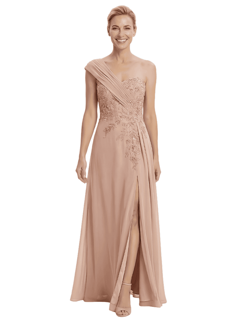 Mother of The Groom Dress One Shoulder Lace Beaded Chiffon Floor-Length Gown with Slit