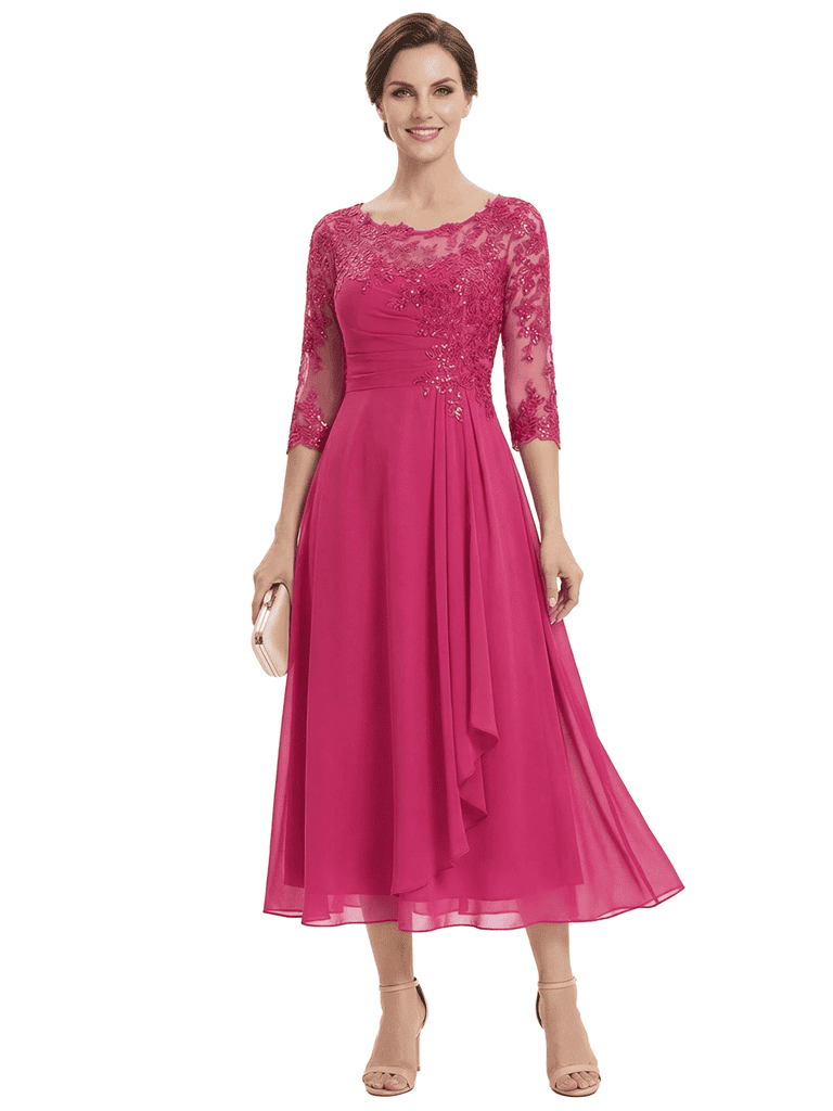 Chicsew Pretty Scoop 3/4 Sleeve Lace Sequin Mother of The Groom Dress Asymmetric Midi Chiffon Gown