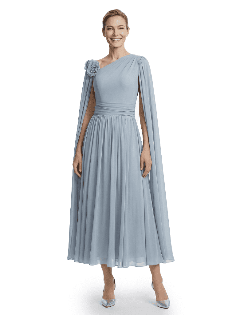 One Shoulder Chiffon Mother Of The Bride Dress Cape Sleeves Maxi Gown Formal Wedding Attire