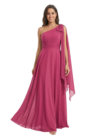 Elegant Mother of The Bride Dress Unique One-Shoulder Bow Chiffon Pleated Long A-Line Formal Gown