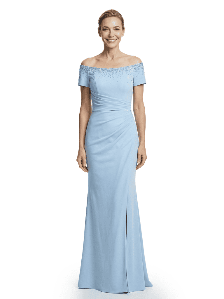 Mother of The Groom Gown Off Shoulder Short Sleeve Fitted Floor-Length Beaded Trim Classy Modern Formal Evening Dress