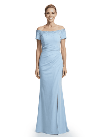 Mother of The Groom Gown Off Shoulder Short Sleeve Fitted Floor-Length Beaded Trim Classy Modern Formal Evening Dress