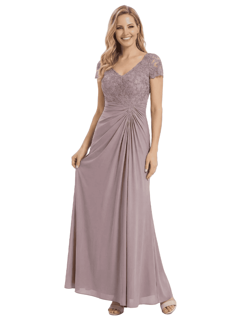 Chicsew Mother of The Groom Dresses V-Neck Short Sleeve Lace Chiffon Maxi Gown Classy Ruched Formal Bridal Party Dress