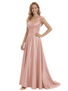 Gorgeous Mother of The Groom Dress Modern V-Neck Satin Wrap A-Line Long Train Formal Evening Gown
