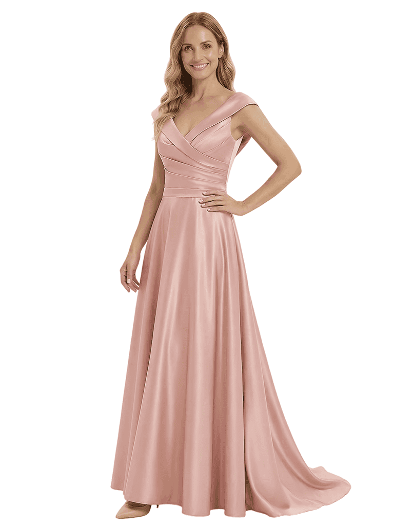 Gorgeous Mother of The Groom Dress Modern V-Neck Satin Wrap A-Line Long Train Formal Evening Gown