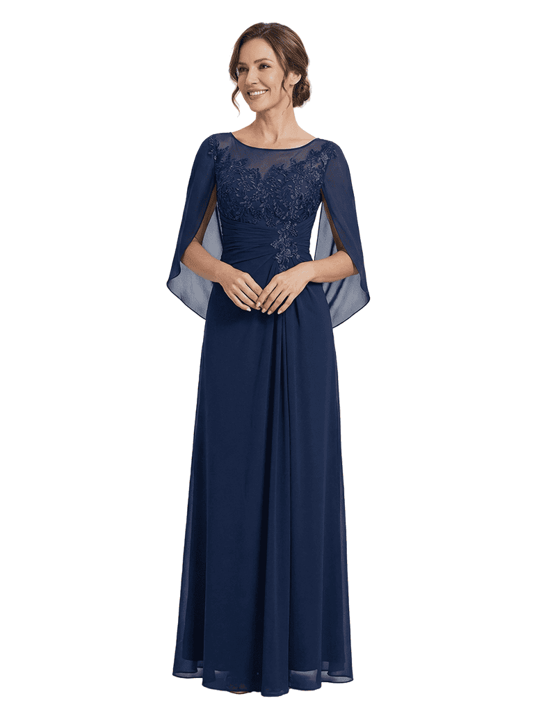 Elegant Cascading Ruffles Cape Lace Chiffon A-Line Mother of The Bride Dresses