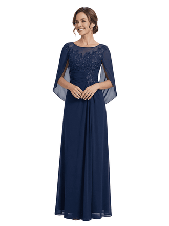 Elegant Cascading Ruffles Cape Lace Chiffon A-Line Mother of The Bride Dresses
