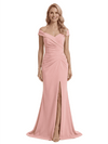 Glam Off Shoulder Sleeveless Mother of The Bride Dress Crepe Side Slit Mermaid Maxi Gown