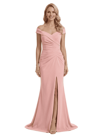 Glam Off Shoulder Sleeveless Mother of The Bride Dress Crepe Side Slit Mermaid Maxi Gown