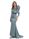 Chicsew Mother of The Bride Dresses Asymmetrical 3/4 Sleeve Satin Mermaid Train Gown Unique Bow Detailed Formal Wedding Event Attire