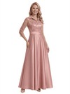 Chic 3/4 Sleeves Mother Of The Bride Dress Maxi A-Line Satin Gown with Lace
