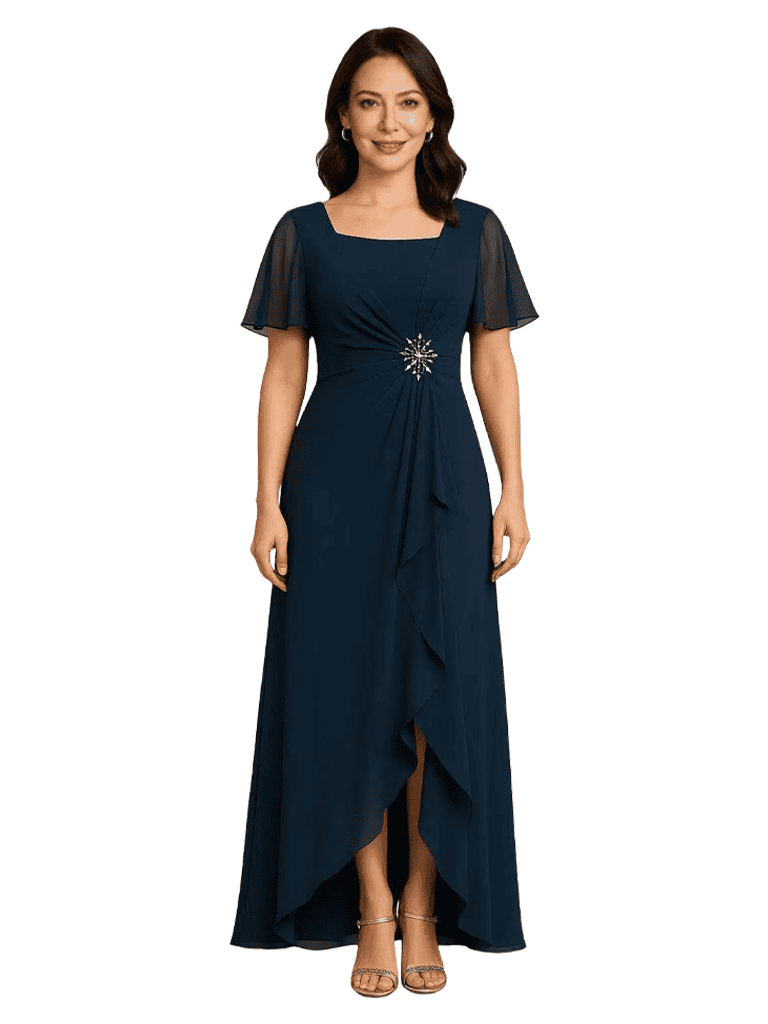 Elegant Flutter Sleeves Square Neck Chiffon Maxi Mother of The Bride Dresses