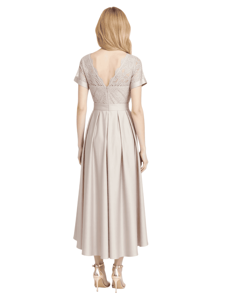 Elegant Short Sleeves V-Neck Lace Satin High Low Midi Mother of the Brides Dresses