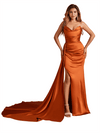 Sexy V-Neck Side Slit Strapless Mermaid Soft Satin Floor-Length Bridesmaid Dresses