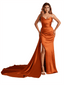 Sexy V-Neck Side Slit Strapless Mermaid Soft Satin Floor-Length Bridesmaid Dresses