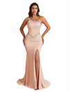Sexy One Shoulder Mermaid Silky Satin Beaded Long Bridesmaid Dresses Side Slit