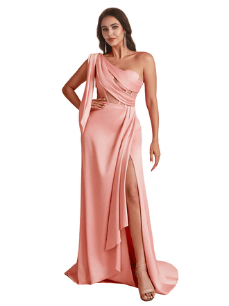 Sexy One Shoulder Boning Side Split Mermaid Ruched Satin Pretty Long Bridesmaid Dresses