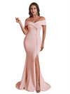 Elegant Off The Shoulder Side Split Mermaid Satin Unique Long Bridesmaid Dresses Online