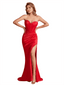 Elegant Silky Satin Sweetheart Mermaid Boning Side Slit Ruched Long Bridesmaid Dresses Online