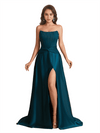 Elegant Silky Satin Strapless Sweetheart A-Line Side Slit Floor Length Bridesmaid Dresses