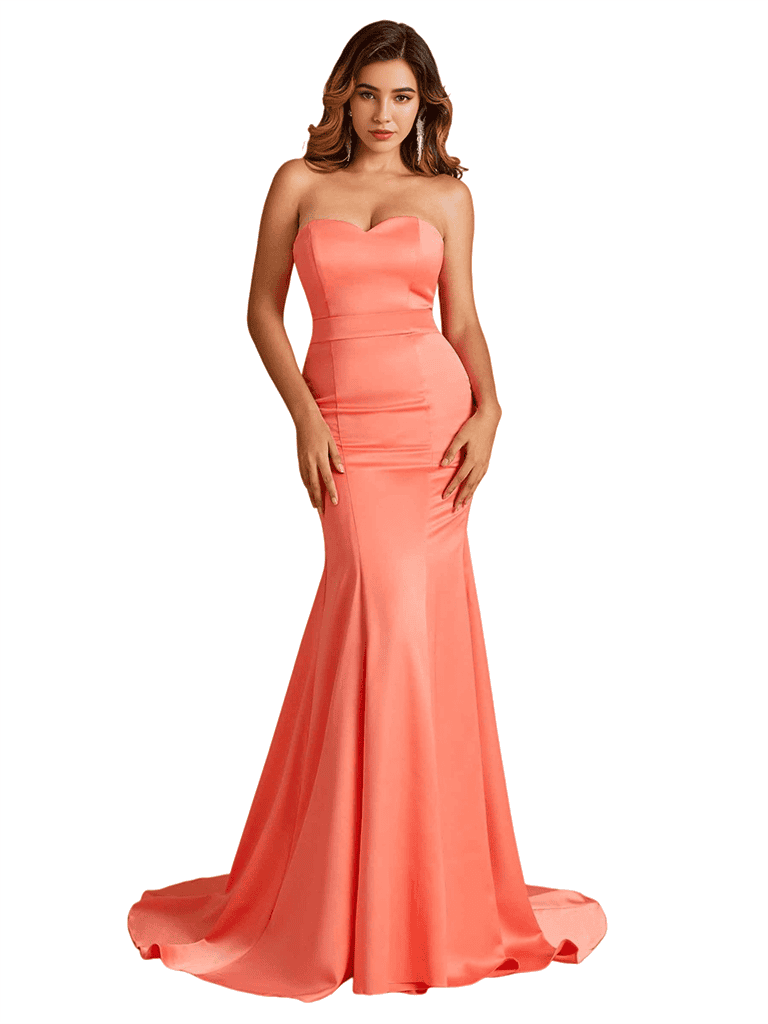 Sexy Strapless Sweetheart Mermaid Soft Satin Pretty Long Bridesmaid Dresses