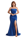 Sexy Strapless Silky Satin Side Split Mermaid Simple Long Bridesmaid Dresses Online