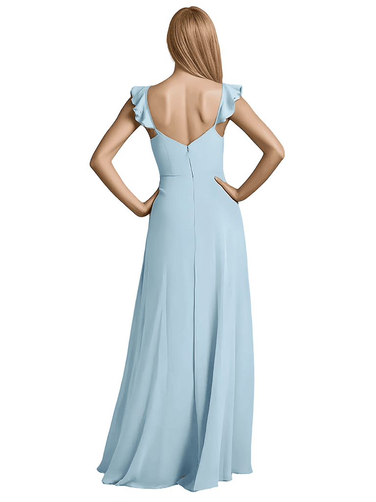 Elegant Ruffle Straps A-line Chiffon Long Bridesmaid Dresses