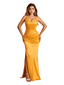 Elegant Spaghetti Straps V-Neck Side Slit Mermaid Soft Satin Floor-Length Bridesmaid Dresses
