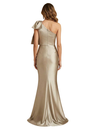 Elegant One Shoulder Silky Satin Mermaid Floor-Length Mother Of The Bride Dresses Side Slit