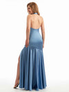 Sexy Side Slit Halter Ruffles Mermaid Soft Satin Unique Long Bridesmaid Dress For Wedding