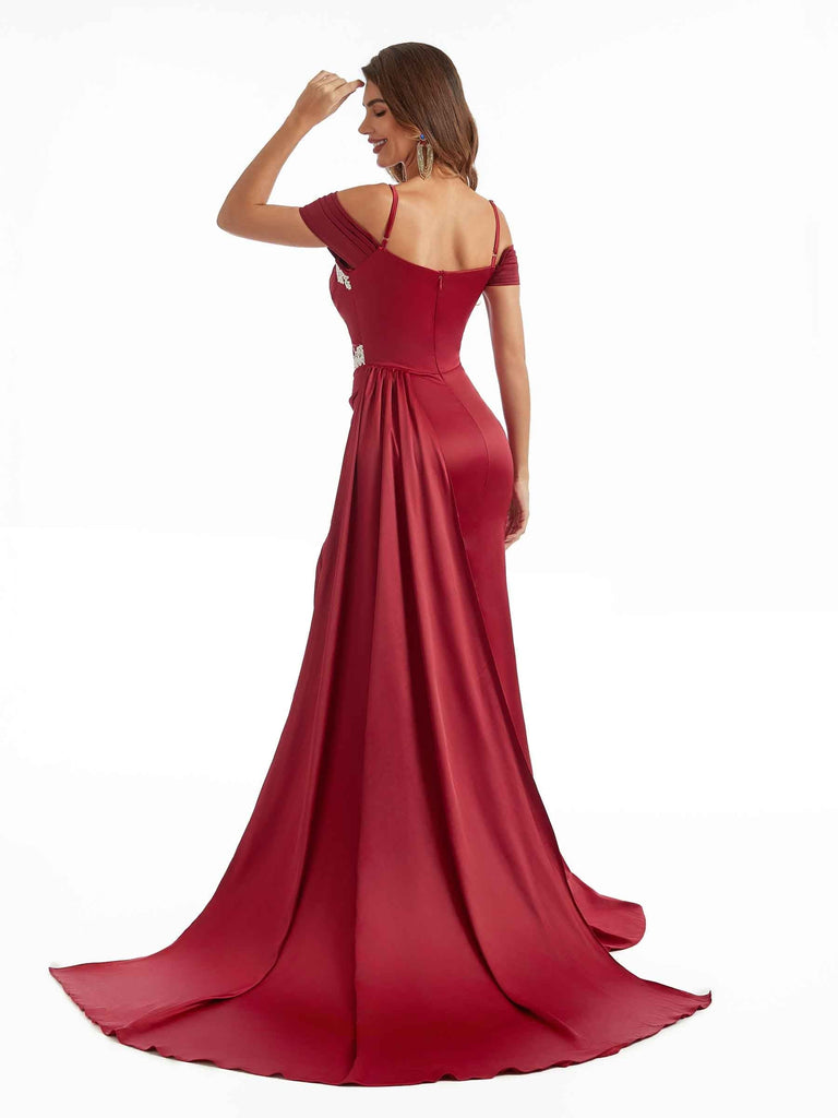 Sexy Side Split Mermaid Cold Shoulder Modern Bidesmaid Dresses in Satin