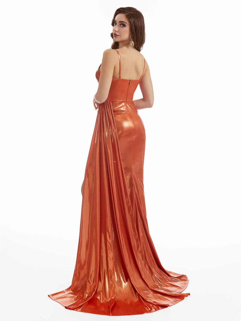 Sexy Mermaid Spaghetti Straps Metallic Stretch Shiny Fabric Long Wedding Guest Dresses