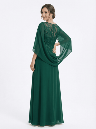 Elegant Cascading Ruffles Cape Lace Chiffon A-Line Mother of The Bride Dresses