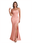 Elegant Spaghetti Strap Boning Mermaid Silky Satin Unique Long Bridesmaid Dresses Side Slit