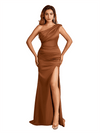 Elegant One Shoulder Mermaid Soft Satin Side Slit Long Bridesmaid Dresses