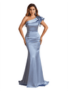 Sexy Ruffle One Shoulder Mermaid Soft Satin Beauty Long Bridesmaid Dresses