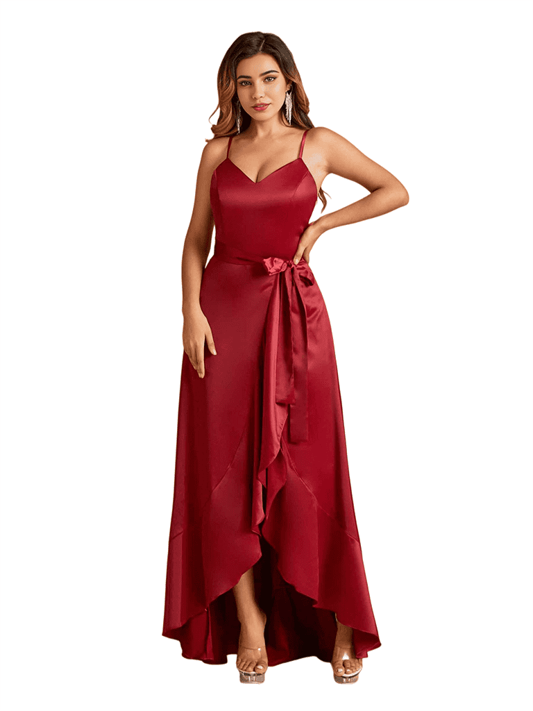 Sexy V-Neck Spaghetti Straps A-Line High Low Soft Satin Long Bridesmaid Dresses