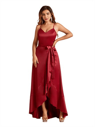 Sexy V-Neck Spaghetti Straps A-Line High Low Soft Satin Long Bridesmaid Dresses