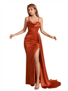 Sexy Spaghetti Straps Cowl Neck Silky Satin Side Split Mermaid Long Bridesmaid Dresses Online