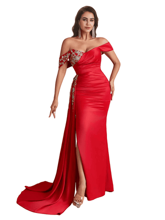 Luxury Sexy Off The Shoulder Lace Silky Satin Long Bridesmaid Dresses Side Slit