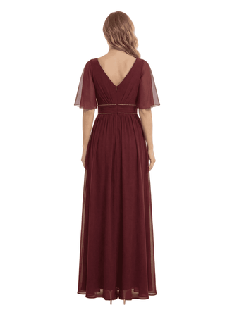 Elegant Flutter Sleeve V-Neck Chiffon Side Slit A-line Long Mother of The Bride Dresses