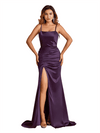 Elegant Mermaid Spaghetti Straps Side Slit Soft Satin Pretty Long Bridesmaid Dresses
