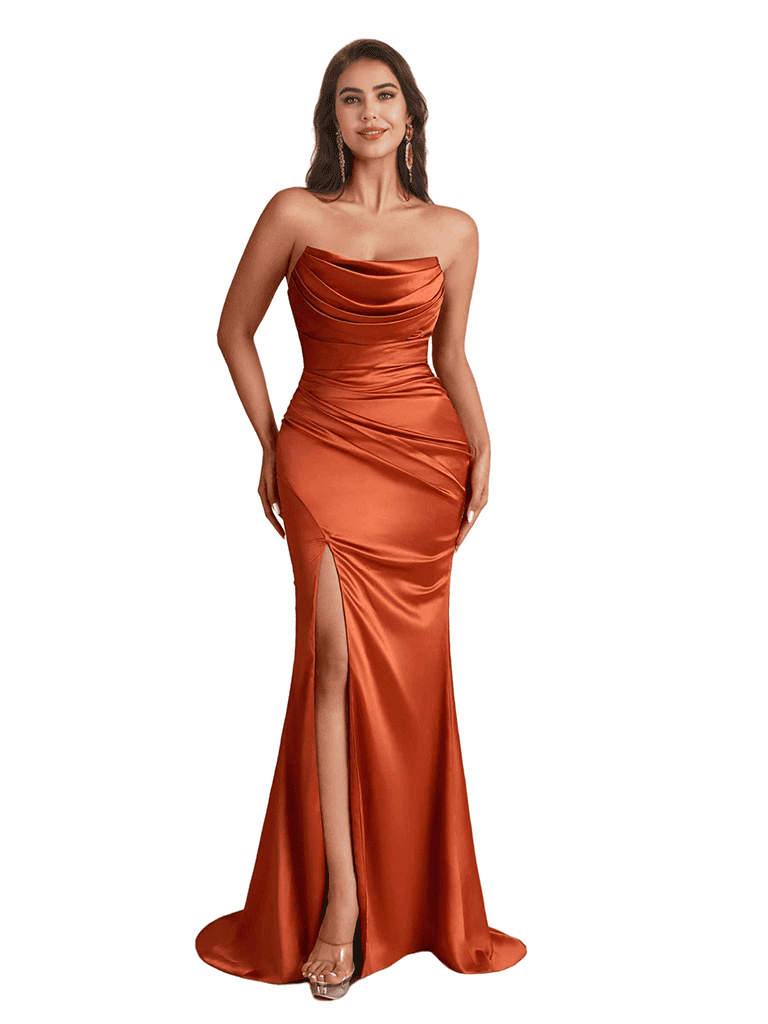Sexy Mermaid Cowl Neck Ruched Satin Boho Long Bridesmaid Dresses Side Split