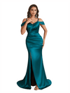 Sexy Cold Shoulder Ruched Silky Satin Side Split Mermaid Long Bridesmaid Dresses