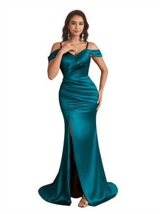Sexy Cold Shoulder Ruched Silky Satin Side Split Mermaid Long Bridesmaid Dresses