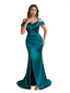 Sexy Cold Shoulder Ruched Silky Satin Side Split Mermaid Long Bridesmaid Dresses