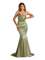 Sexy Cowl Neck Spaghetti Straps Mermaid Soft Satin Open Back Long Bridesmaid Dresses