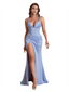Sexy Spaghetti Straps Mermaid Soft Satin Unique Long Bridesmaid Dresses Side Slit