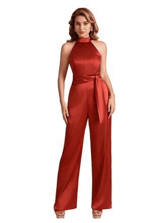 Elegant High Neck Silky Satin Long Women's Pantsuit For Bridesmaids