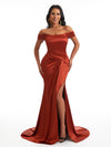 Sexy Off The Shoulder Side Slit Soft Satin Mermaid Lace Up Back Long Bridesmaid Dresses